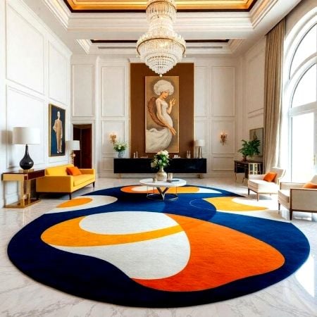 Handcrafted Round Abstract Blue Orange Living Room Rug